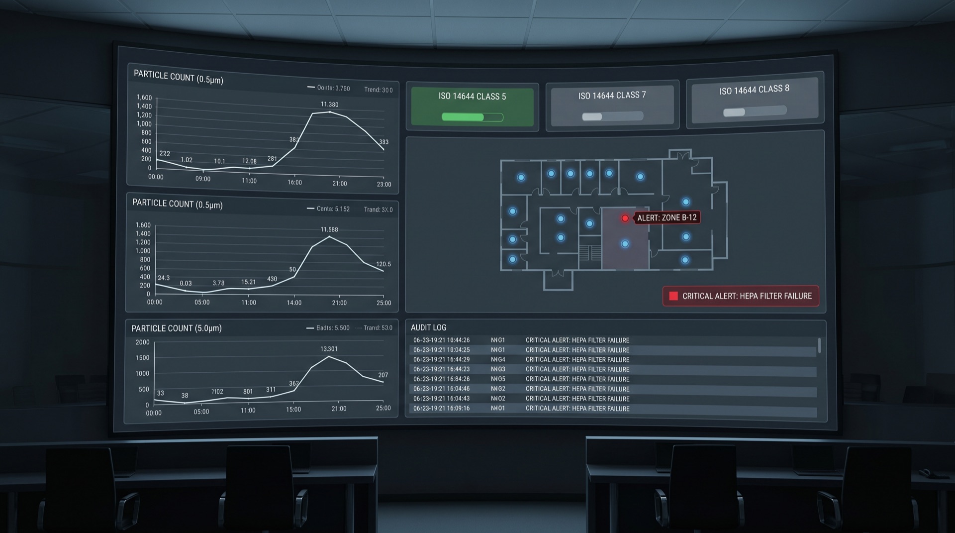 AMCORN compliance dashboard showing zone-level particle telemetry, ISO classification status and audit log